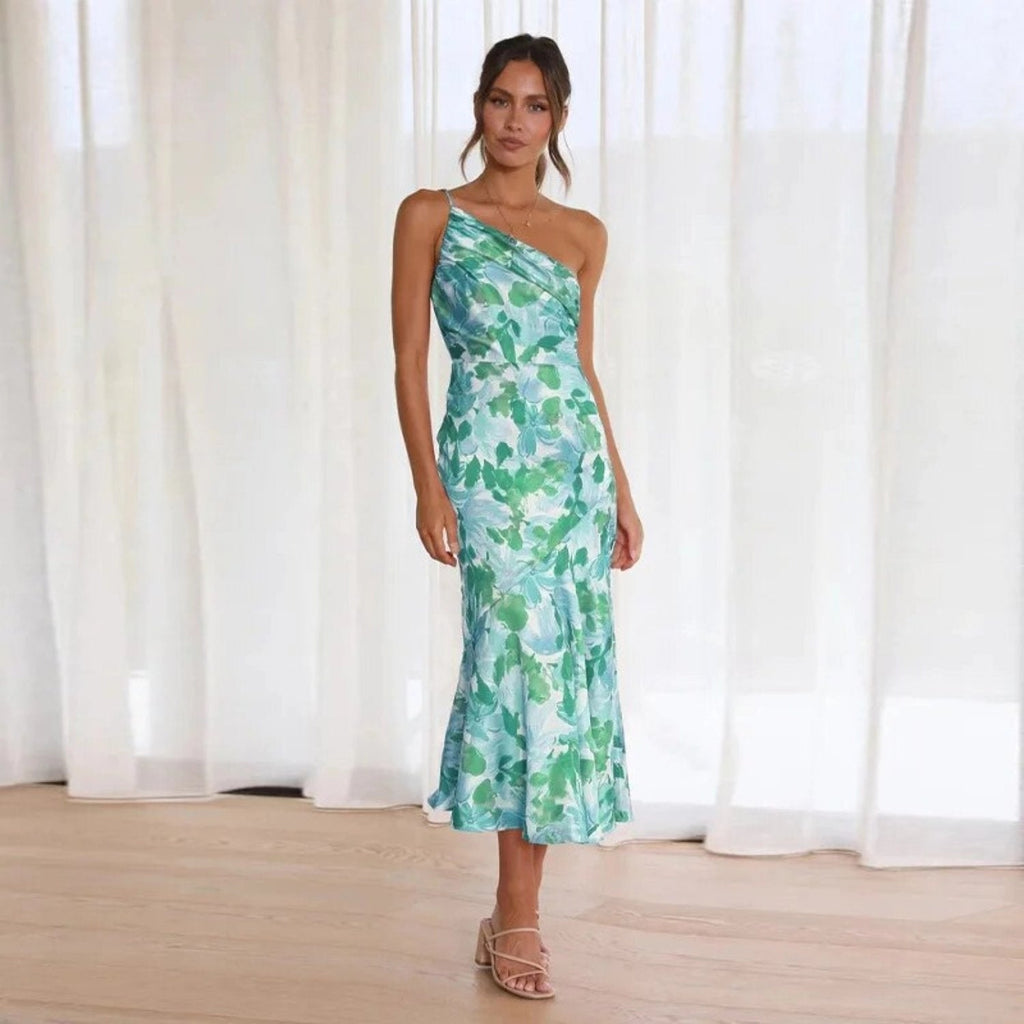 Kathy | Bloemen maxi jurk asymmetrisch één schouder
