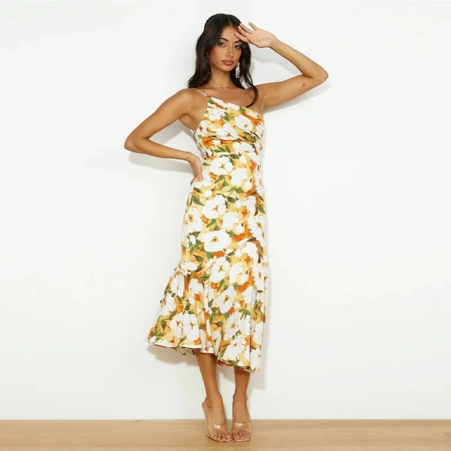 Kathy | Bloemen maxi jurk asymmetrisch één schouder