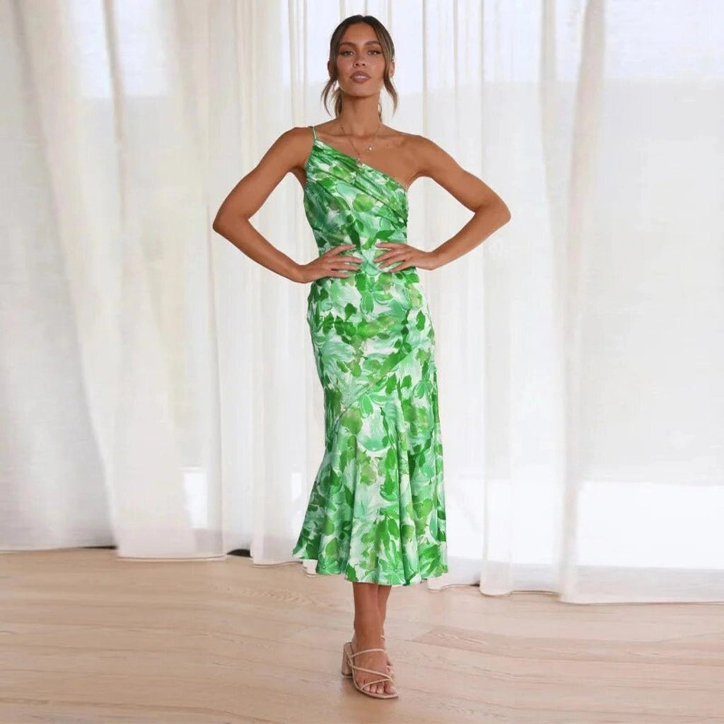 Kathy | Bloemen maxi jurk asymmetrisch één schouder