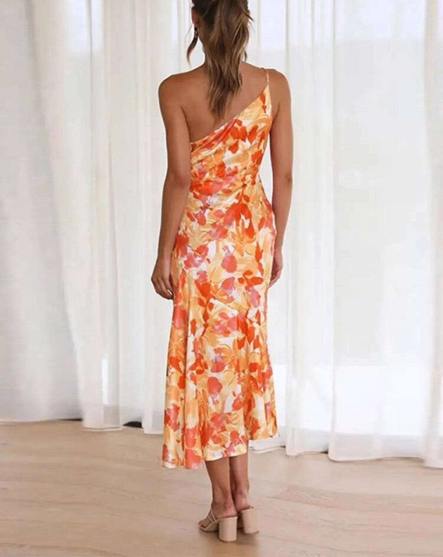 Genevieve | Bloemen asymmetrische midi jurk elegant feest