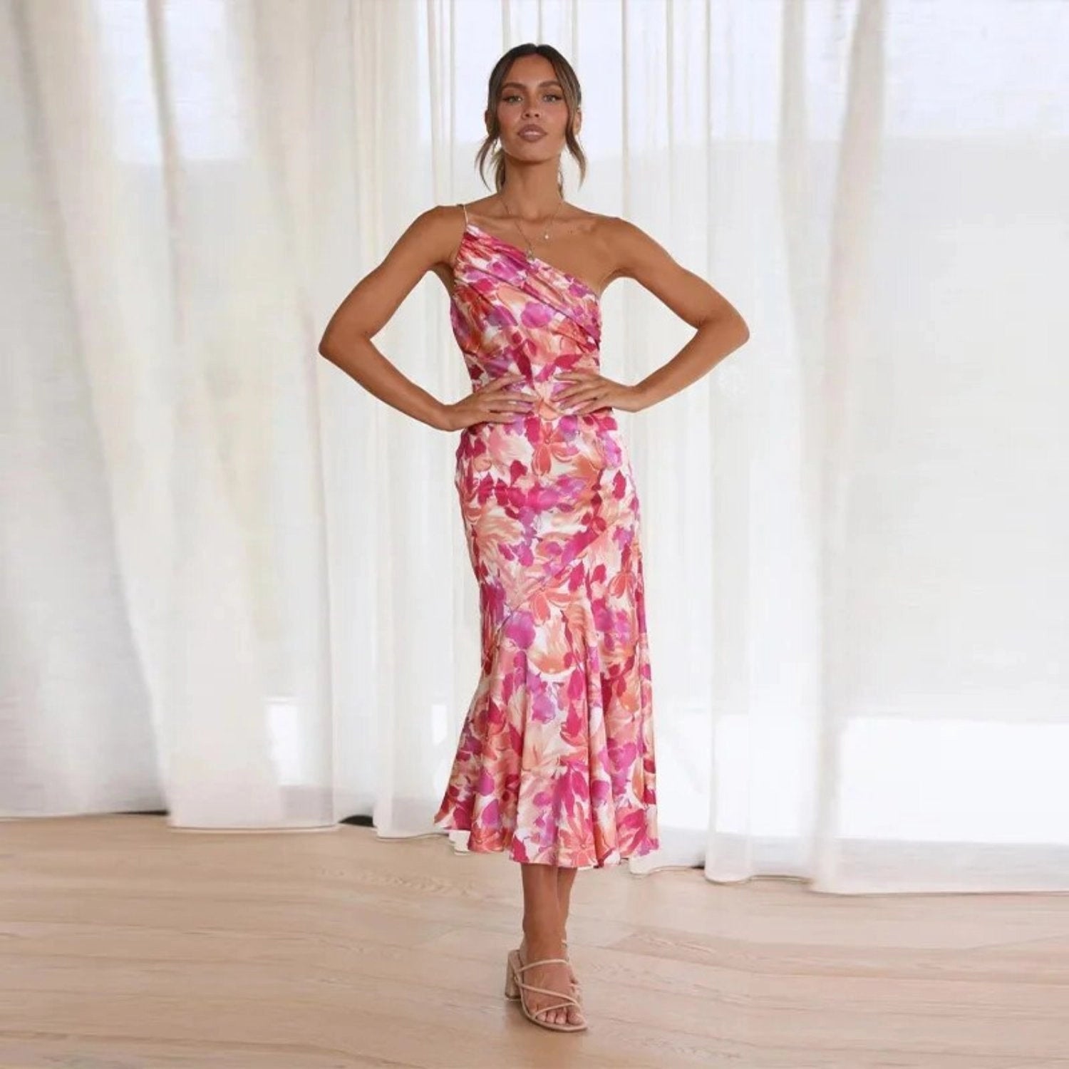 Genevieve | Bloemen asymmetrische midi jurk elegant feest