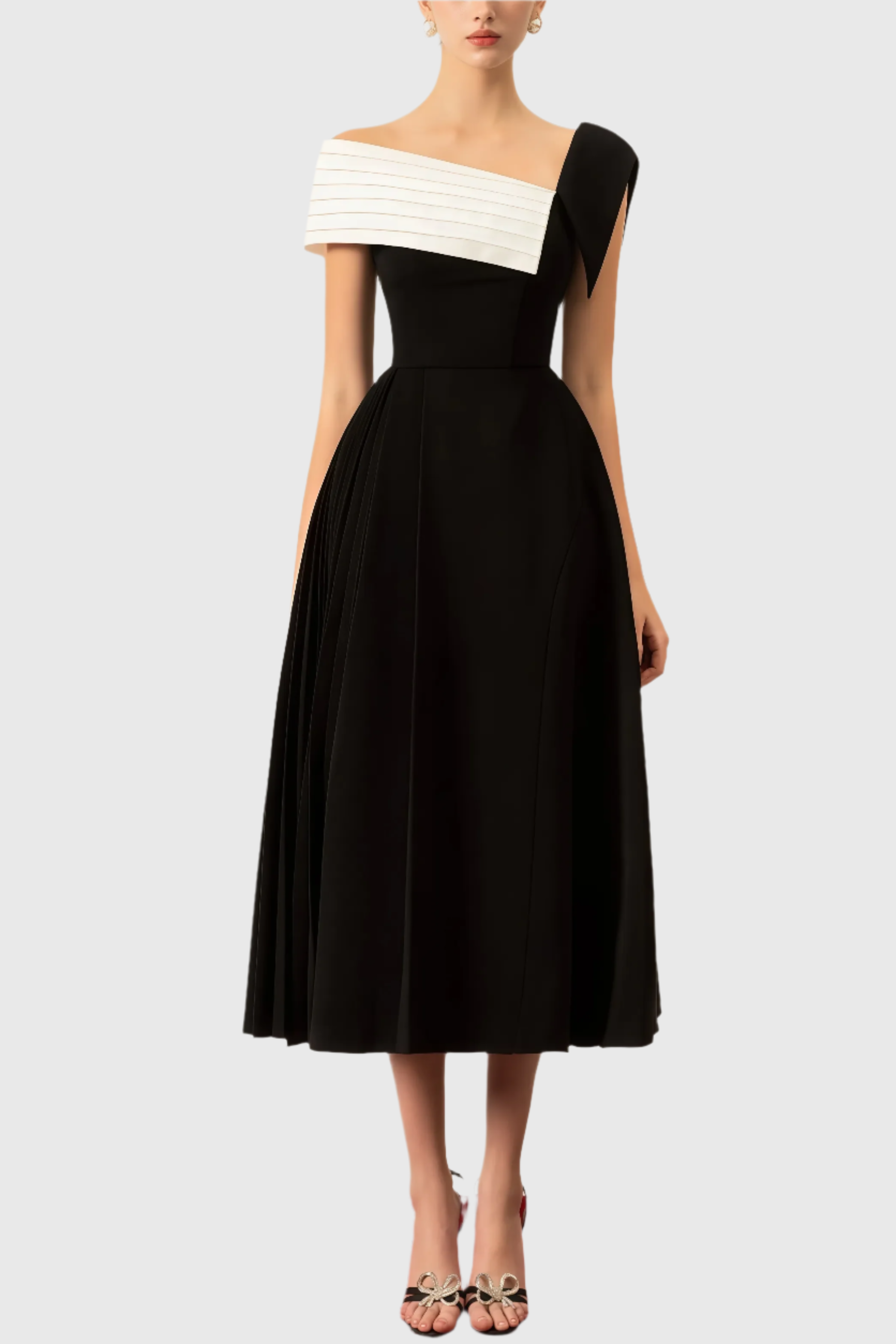 Liv | zwart-witte midi jurk één schouder elegant