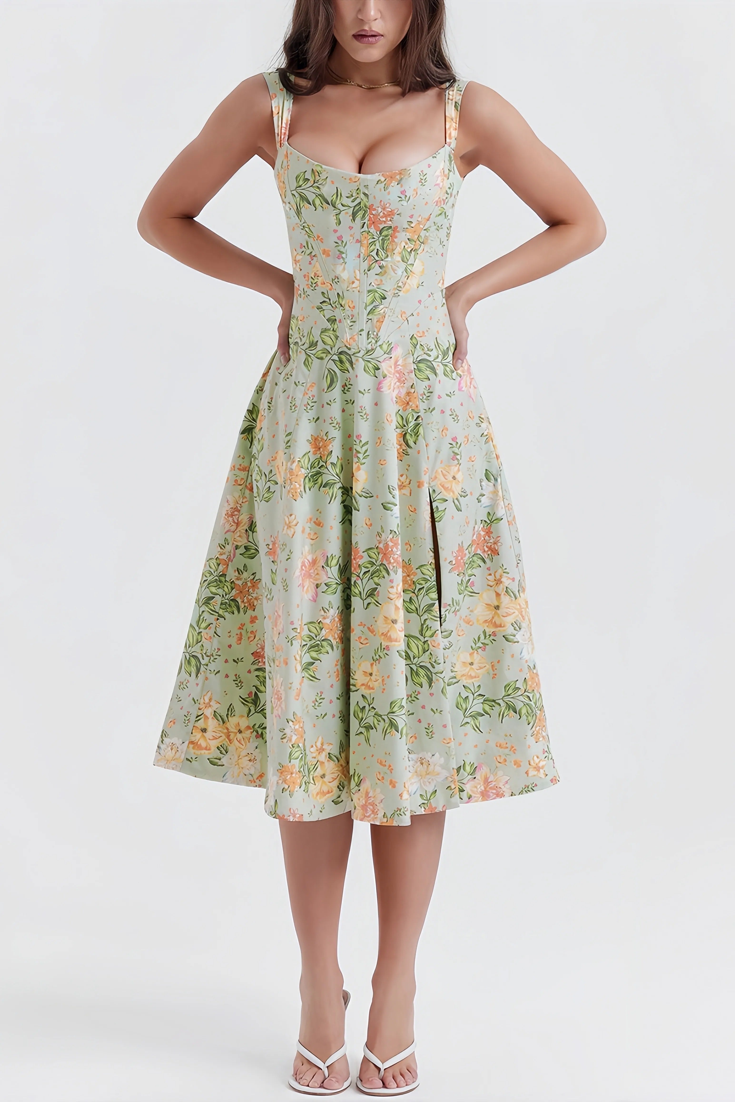 Vera | groene gebloemde midi jurk split zomers