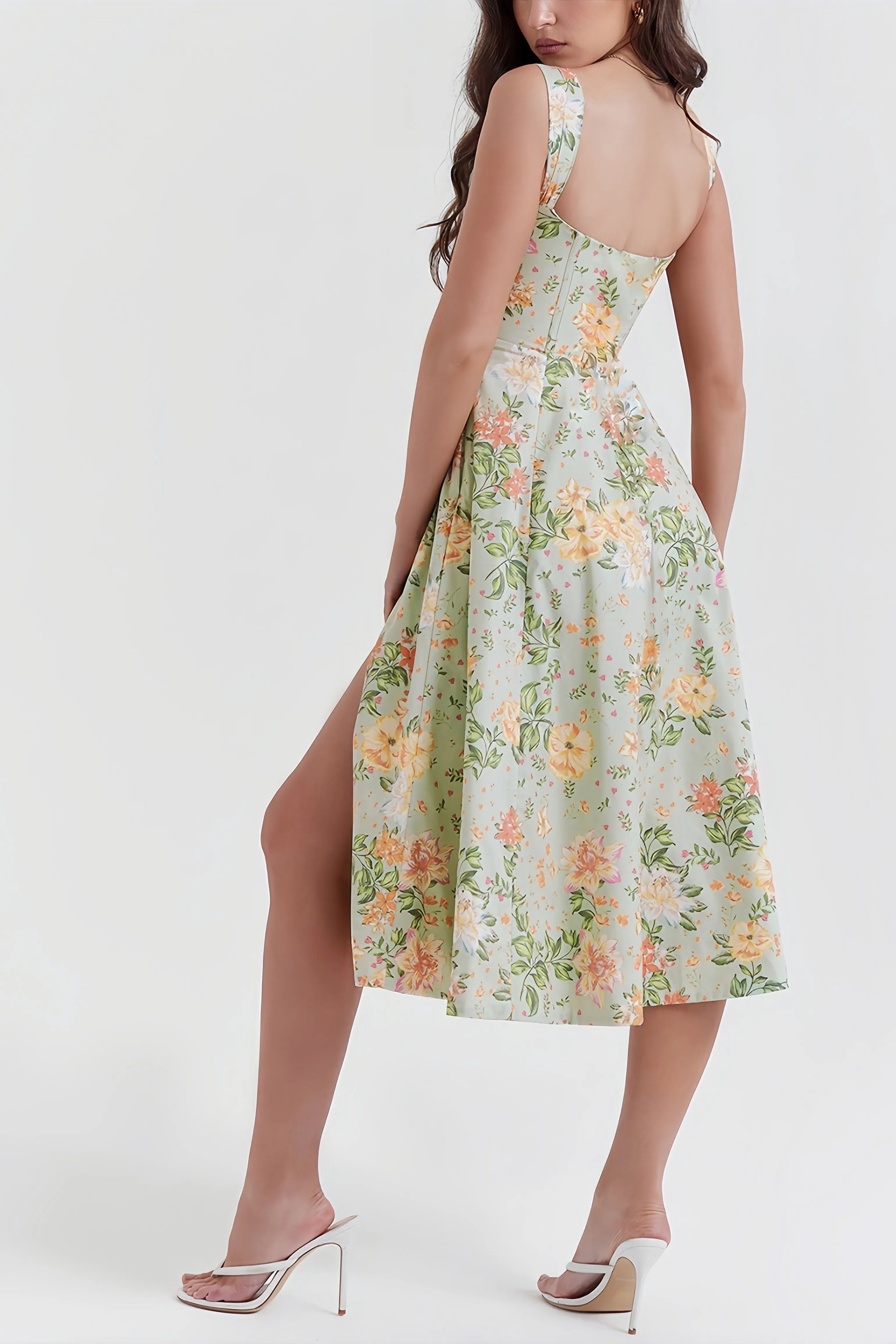 Vera | groene gebloemde midi jurk split zomers