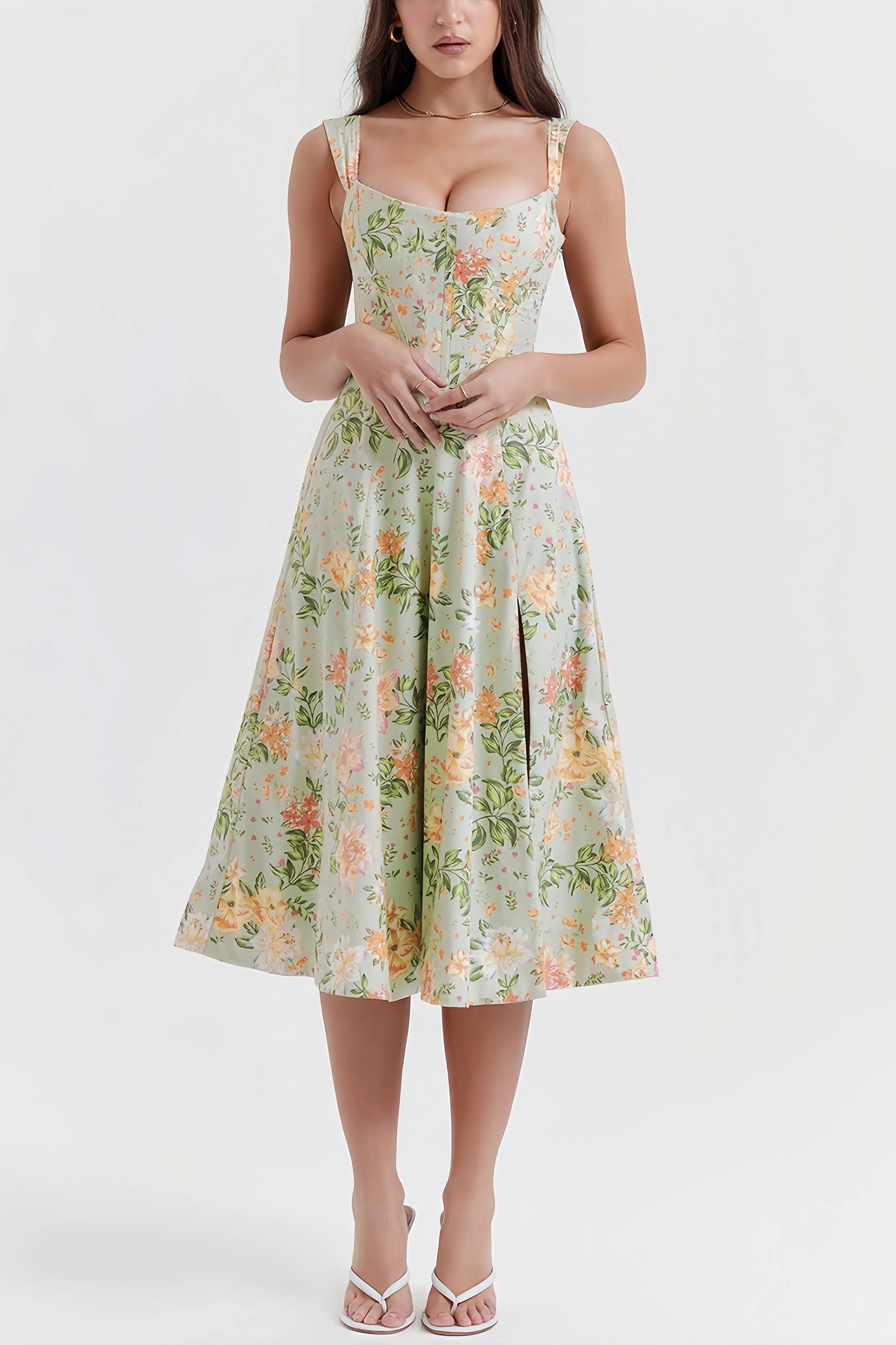 Vera | groene gebloemde midi jurk split zomers