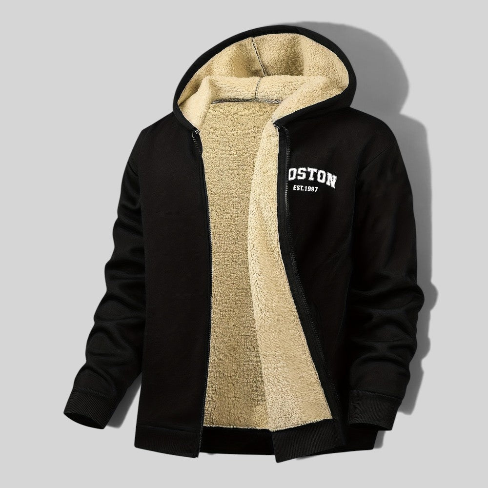Casual Men's Jacket with Contrasting Hood – Zip Closure and Letter Print
