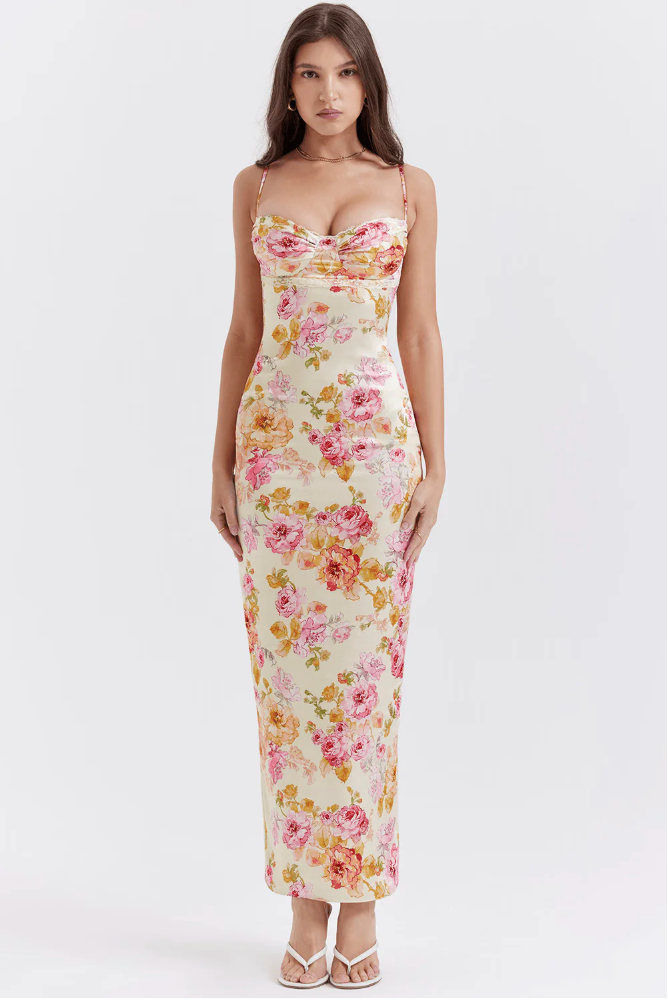 Katherine | Bloemen maxi jurk spaghetti bandjes elegant