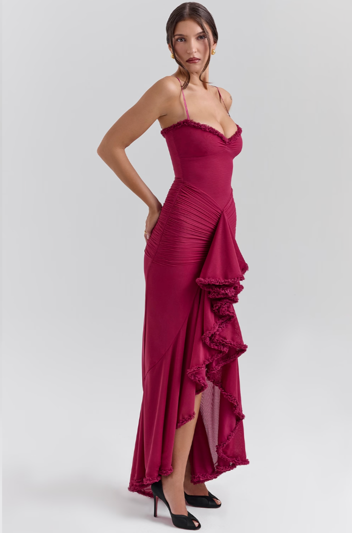 Alexandra | Kanten maxi jurk met ruches elegant
