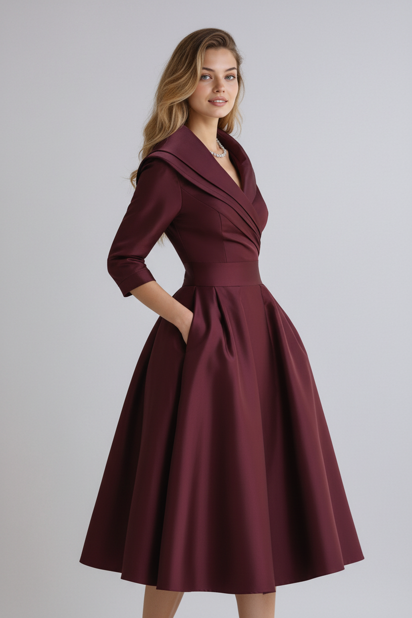 Elise | getailleerde midi jurk klassieke kraag elegant