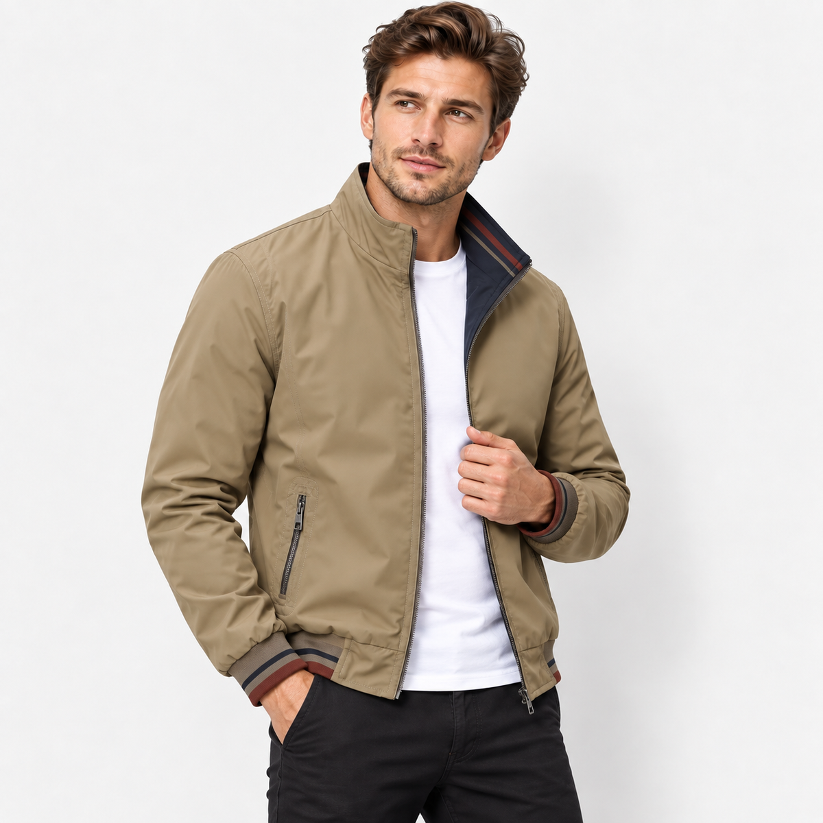 Men’s Reversible Utility Jacket – Stand Collar Casual Zip-Up Coat