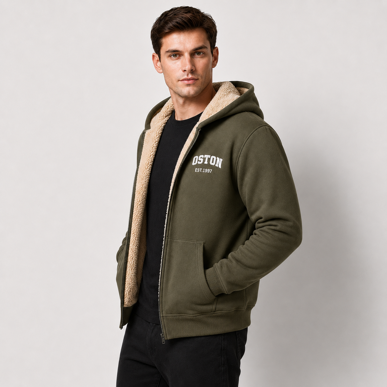 Casual Men's Jacket with Contrasting Hood – Zip Closure and Letter Print