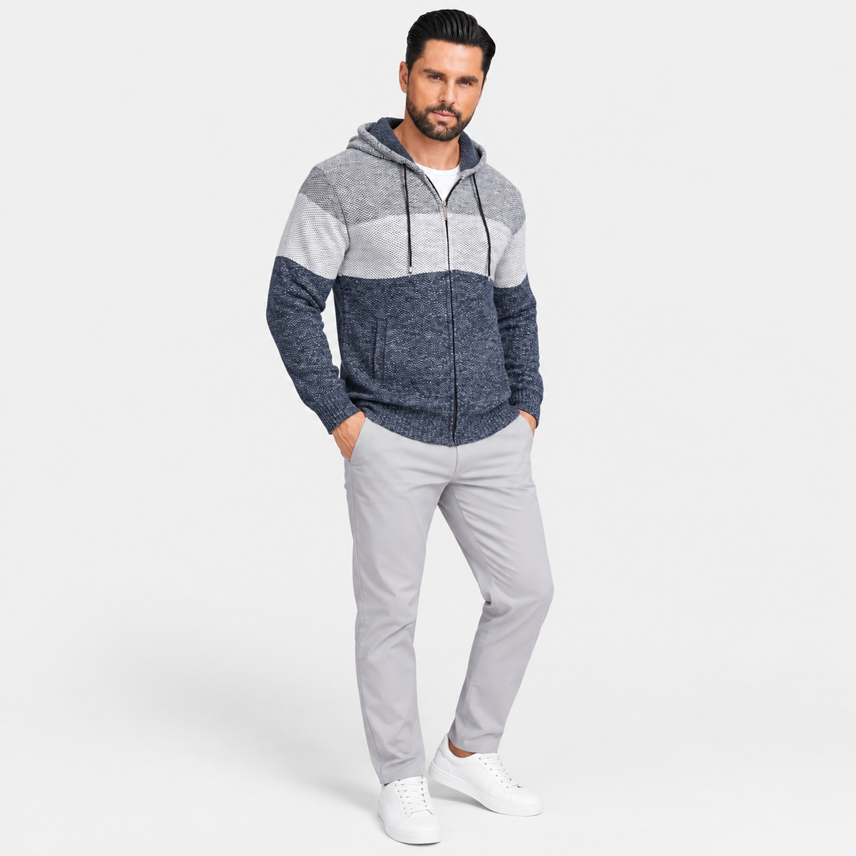 Men’s Color Block Zip-Up Fleece Hoodie – Casual Warm Cardigan Jacket