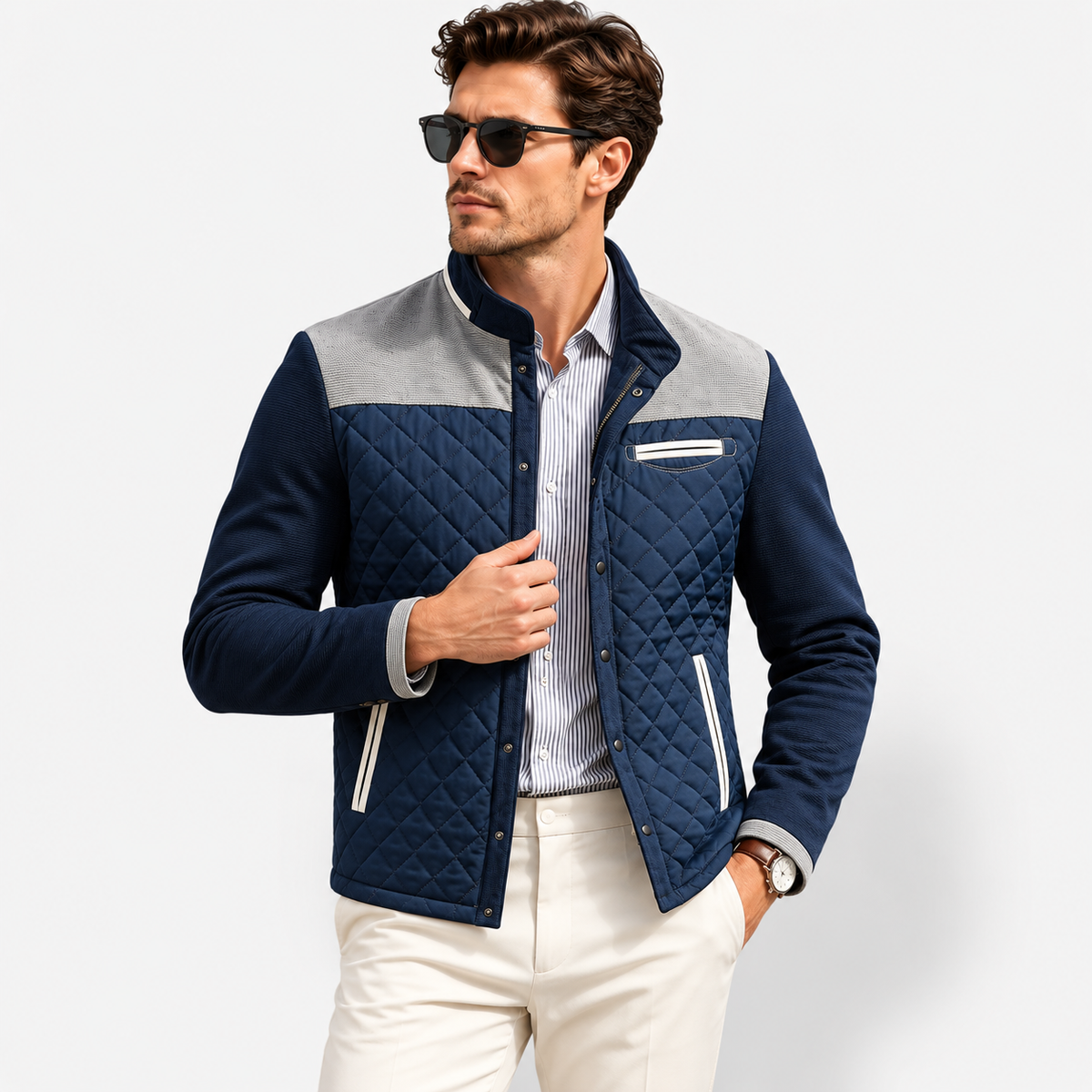 Men’s Vintage Quilted Color-Block Jacket – Stand Collar Lightweight Autumn & Winter Coat