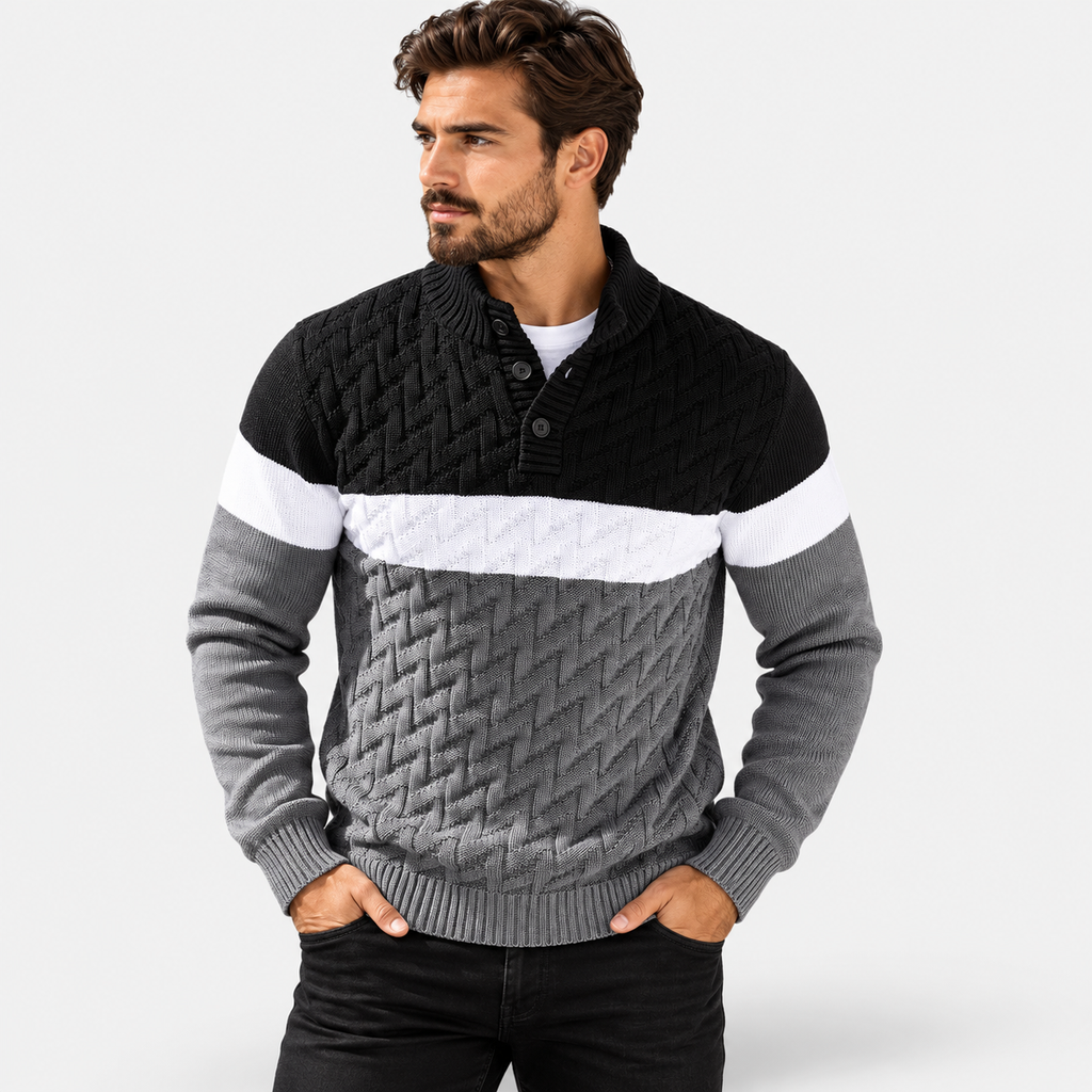 Men’s Stand Collar Quarter-Button Knit Pullover – Casual Stitched Sweater