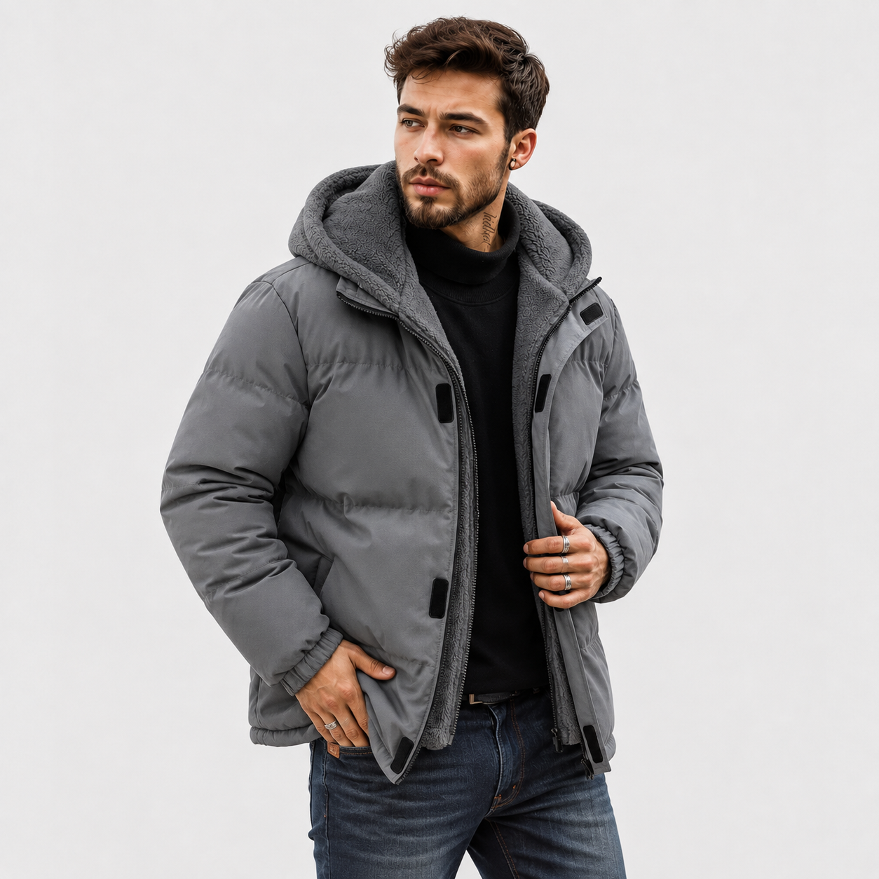 Men’s Winter Jacket with 2-in-1 Look – Padded Hooded Jacket