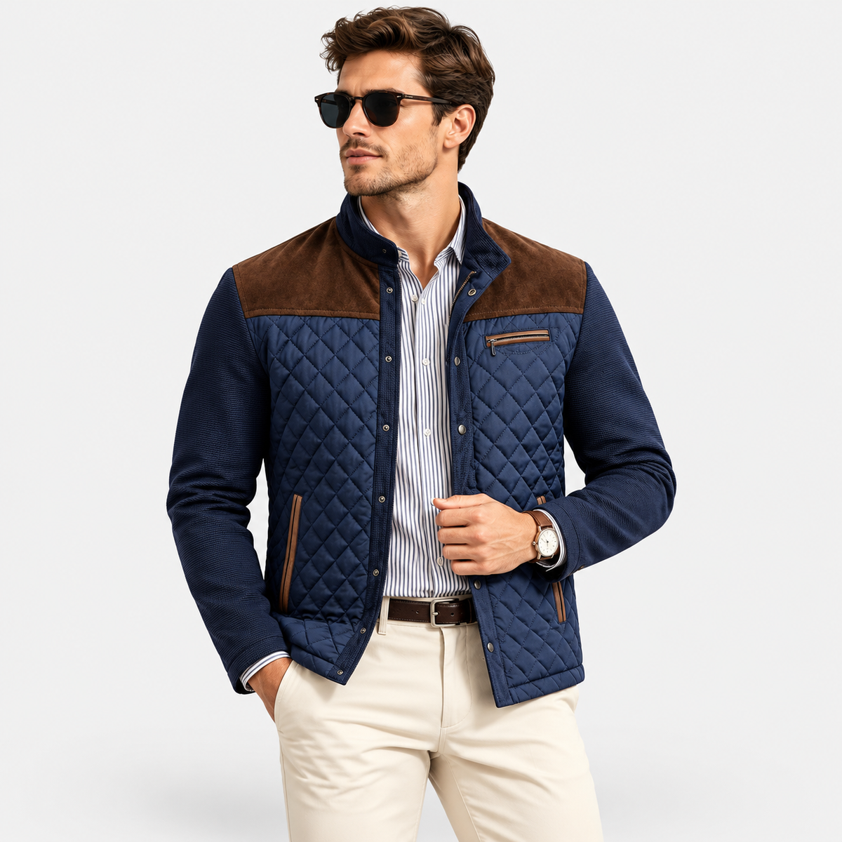 Men’s Vintage Quilted Color-Block Jacket – Stand Collar Lightweight Autumn & Winter Coat