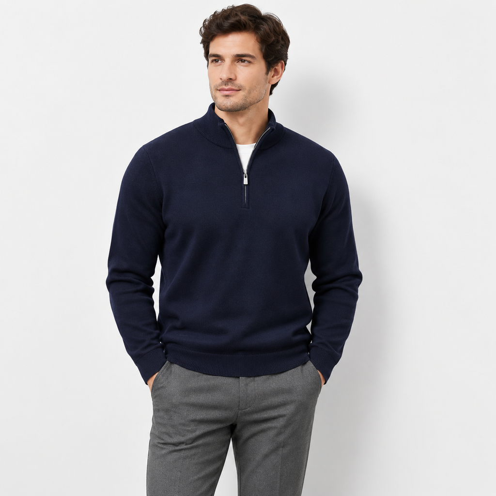 Men’s Warm Stand Collar Zip-Up Knit Sweater – Business Casual Fall & Winter Pullover
