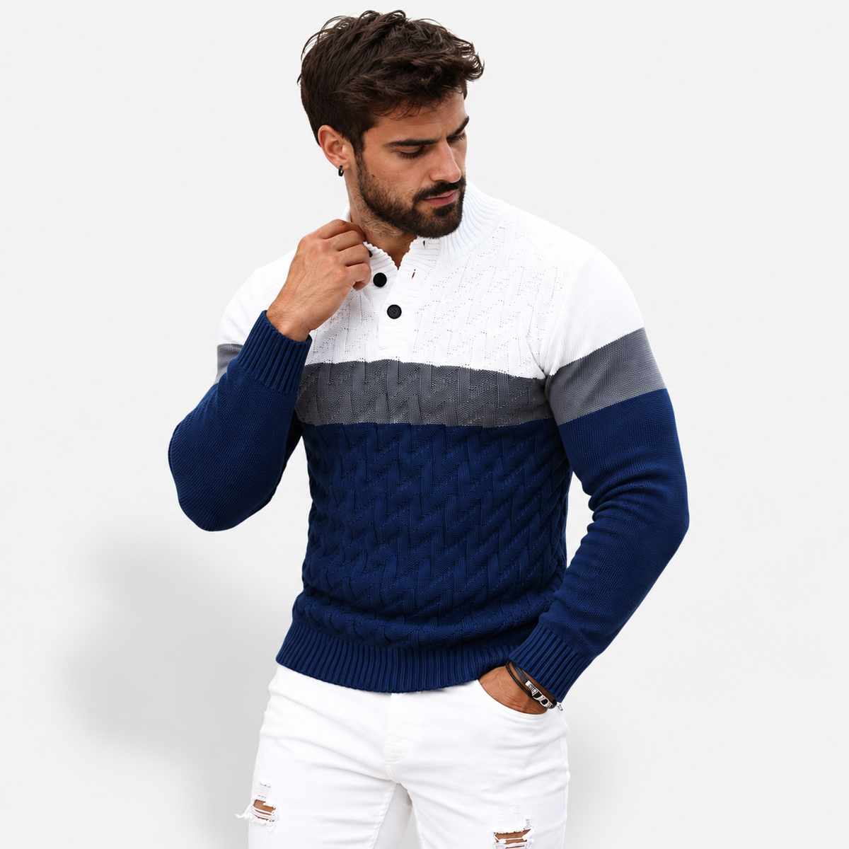 Men’s Stand Collar Quarter-Button Knit Pullover – Casual Stitched Sweater