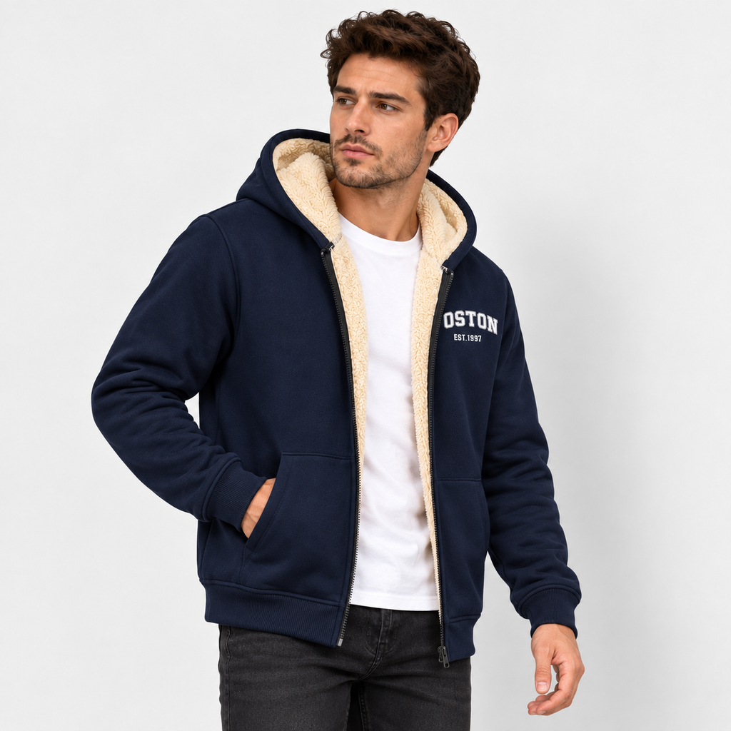 Men’s Contrast Hooded Zip-Up Jacket – Casual Letter Print Coat