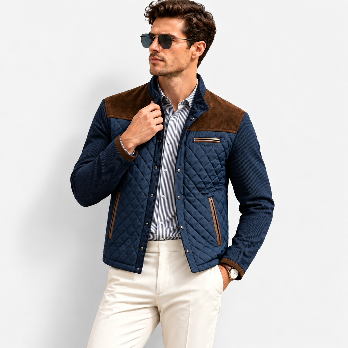 Men’s Vintage Quilted Color-Block Jacket – Stand Collar Lightweight Autumn & Winter Coat