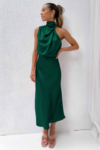 Yara | elegante midi jurk asymmetrische hals veelkleurig