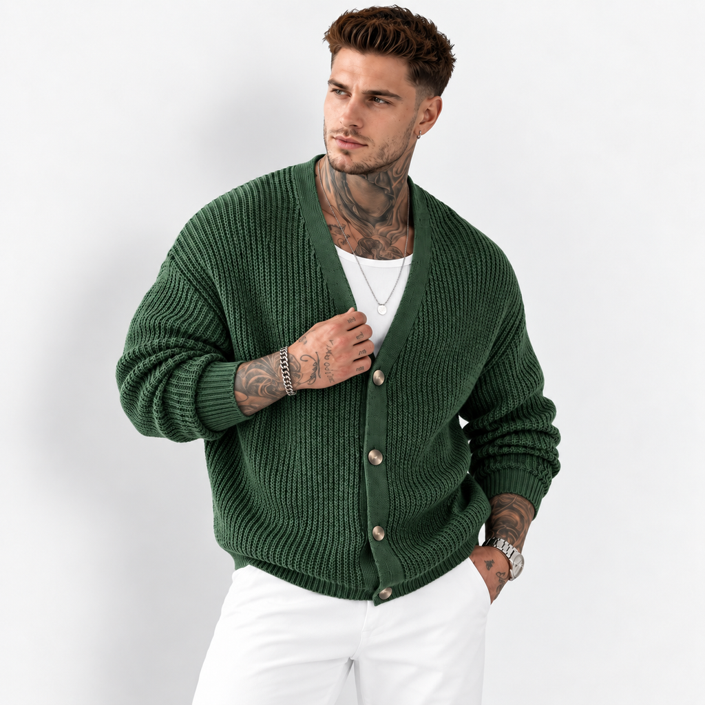 Men’s Dark Green Knit Cardigan – Casual Lapel Open-Front Fall & Winter Sweater