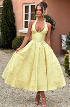 Caroline | Geborduurde midi jurk v-hals elegant mouwloos