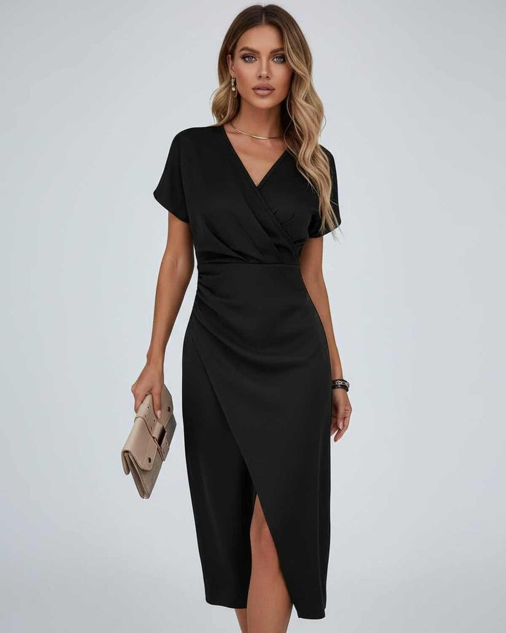 Elena | elegante wikkel midi jurk zwart v-hals chic