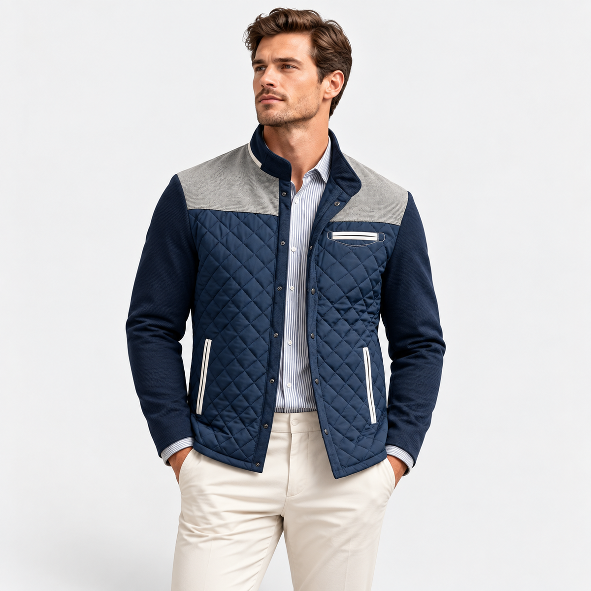 Men’s Vintage Quilted Color-Block Jacket – Stand Collar Lightweight Autumn & Winter Coat