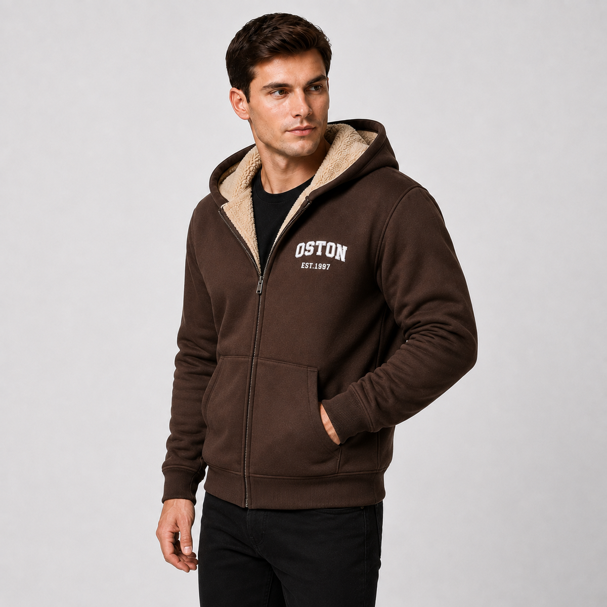 Casual Men's Jacket with Contrasting Hood – Zip Closure and Letter Print