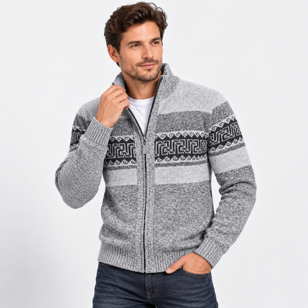 Men’s Thermal Fleece-Lined Knit Sweater – Ethnic Wave Stand Collar Pullover with Pockets