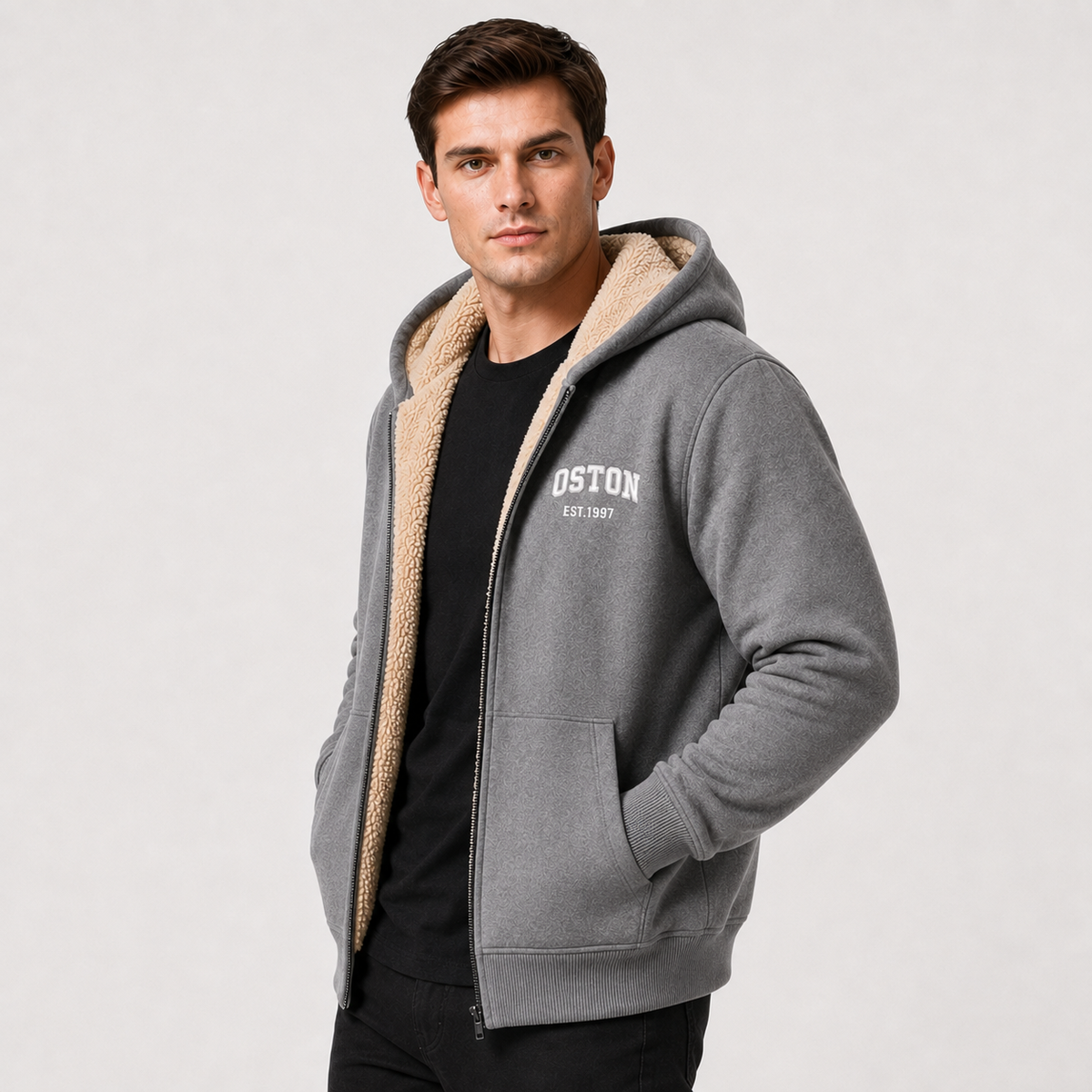 Casual Men's Jacket with Contrasting Hood – Zip Closure and Letter Print