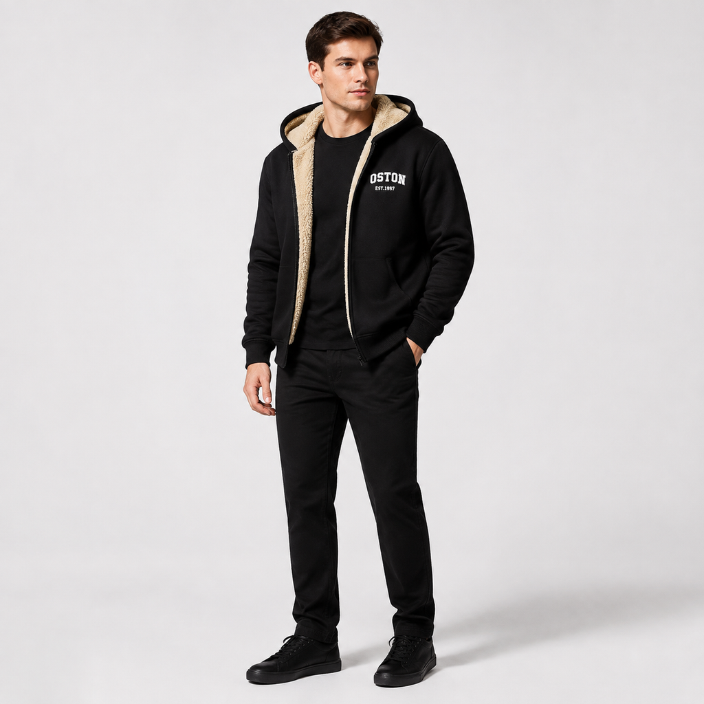 Casual Men's Jacket with Contrasting Hood – Zip Closure and Letter Print