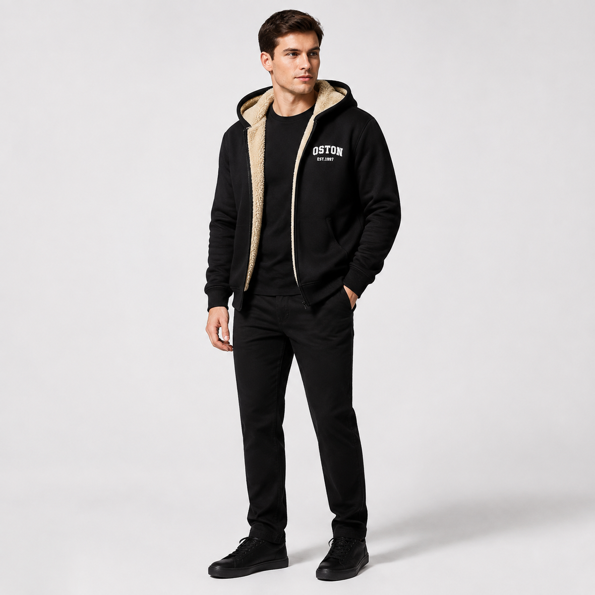 Casual Men's Jacket with Contrasting Hood – Zip Closure and Letter Print