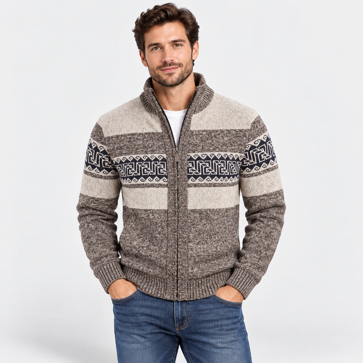 Men’s Thermal Fleece-Lined Knit Sweater – Ethnic Wave Stand Collar Pullover with Pockets