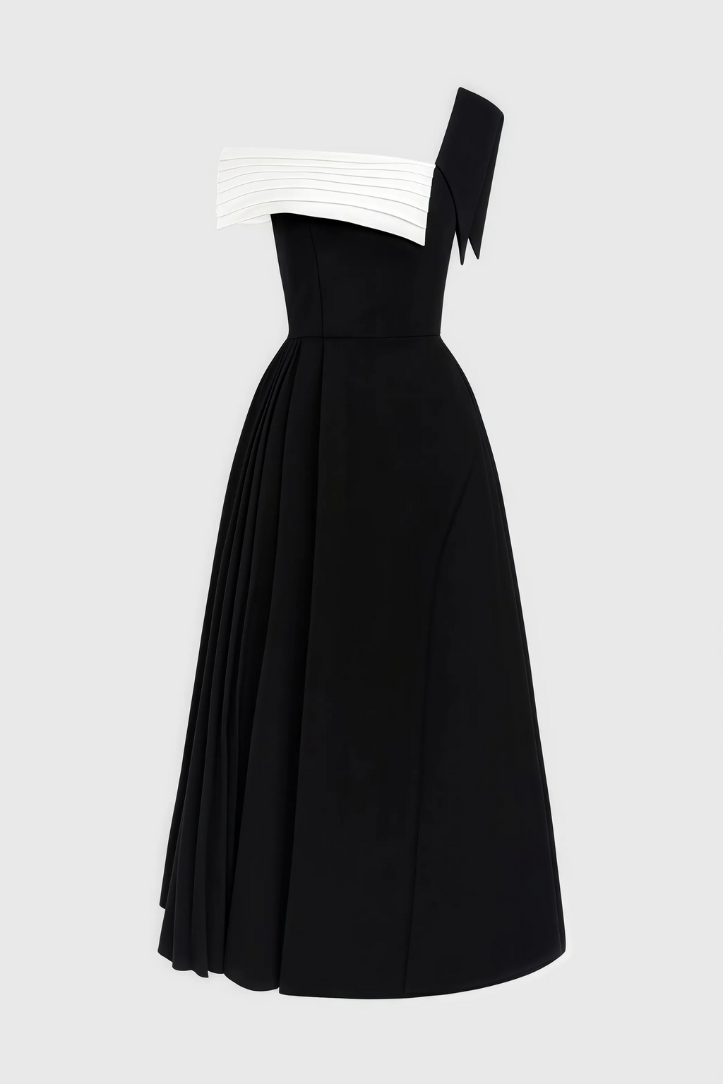Liv | zwart-witte midi jurk één schouder elegant