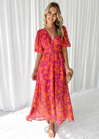 Anna | Bloemen maxi jurk v-hals bruiloft oranje