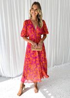 Anna | Bloemen maxi jurk v-hals bruiloft oranje
