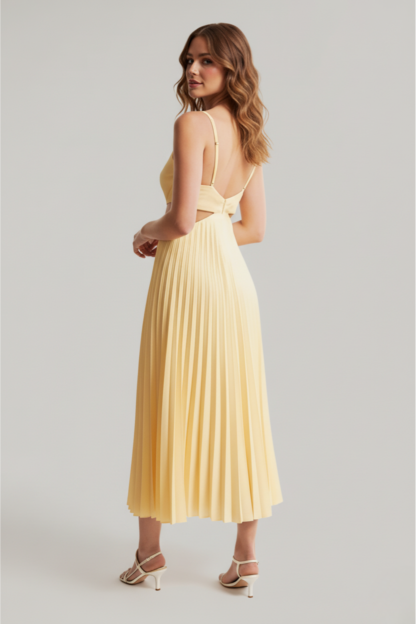Audrey | Plissé midi jurk cutout taille elegant